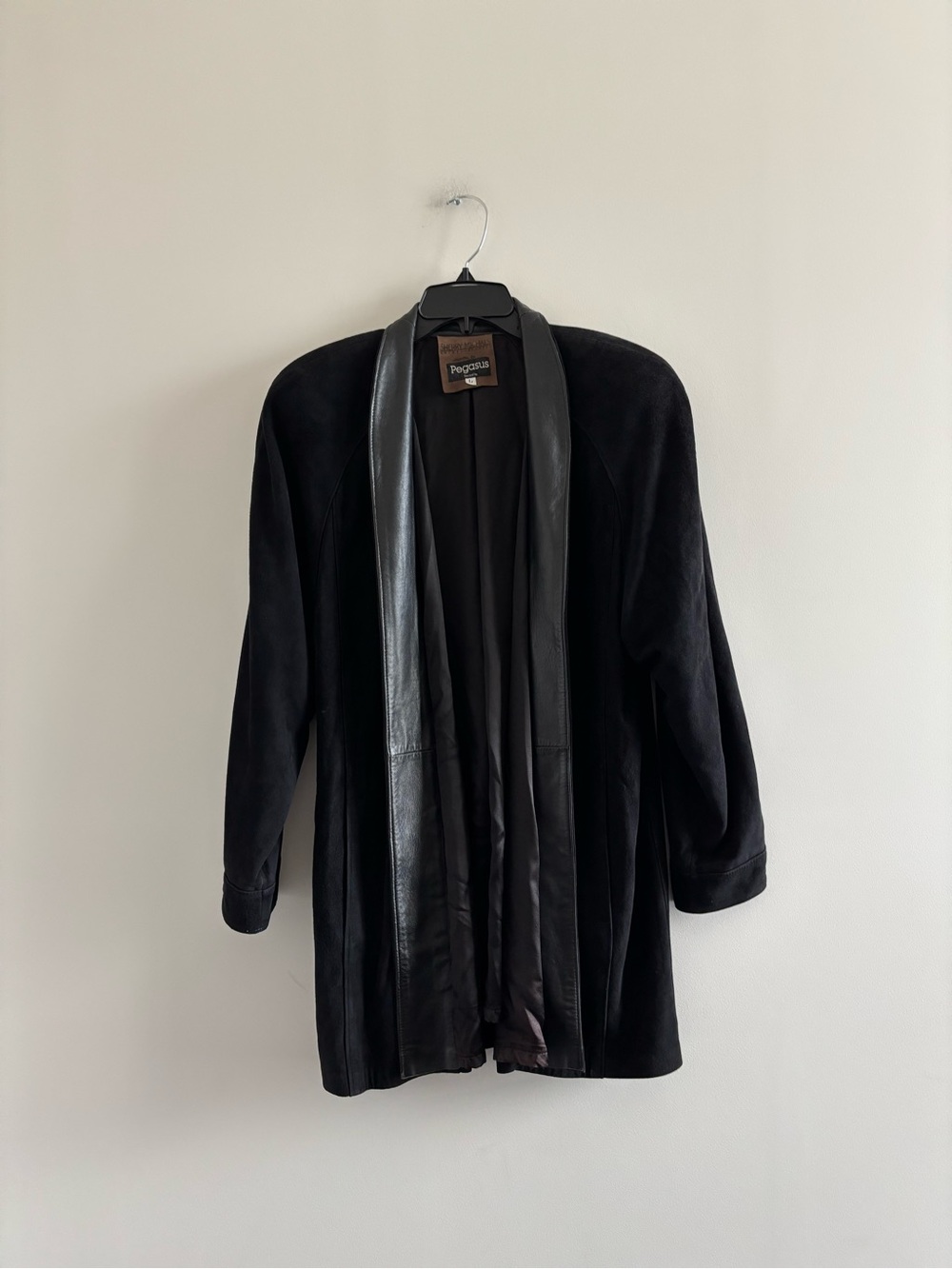 VTG 80s Pegasus Suede Leather Jacket Black Shawl Collar Women L Designer Classic